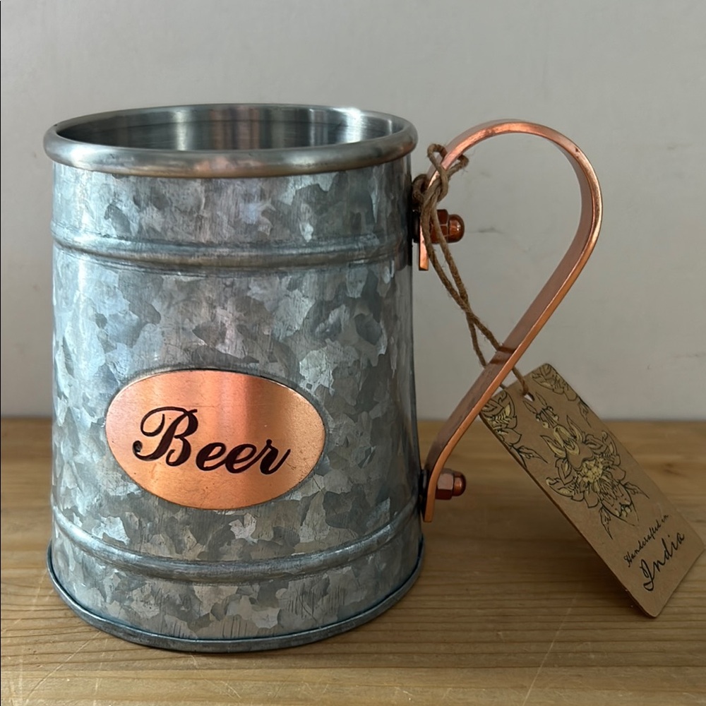 Hand-Crafted Beer Mug NWT Insulated Metal Stein w Copper Handle 14-16 oz